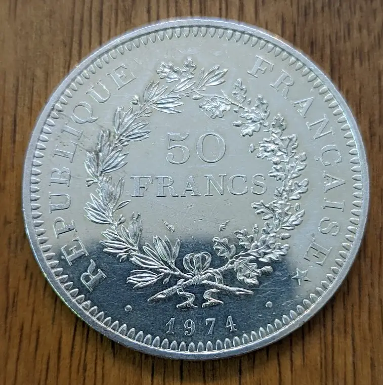 France 50 Francs Hercules Silver Coin 1974 - View 2
