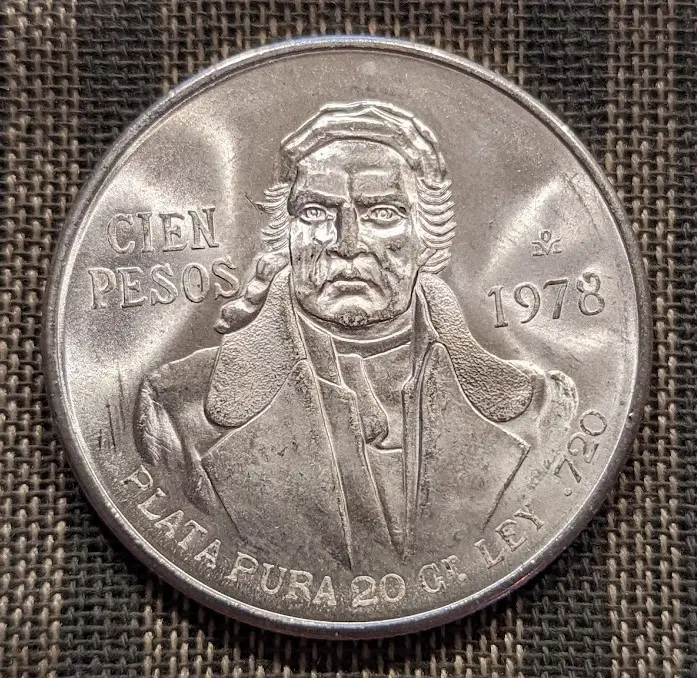 Mexico Silver Cien Pesos 1977 or 1978 AU-BU image